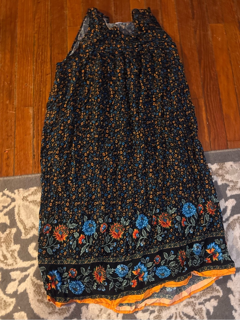Boho Floral Border Maxi Dress in Black and Blue